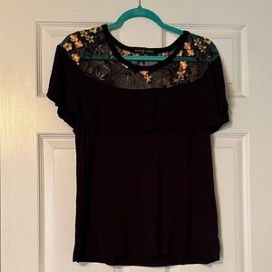 Kim & Cami Black Blouse with Gold Floral Accents